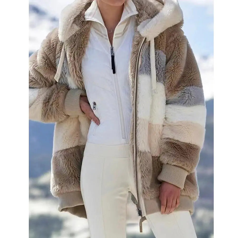 LuxeNest Oversized Hooded Plush Jacket For Women Cozy Warm Autumn Winter Coat With Zipper And Pockets