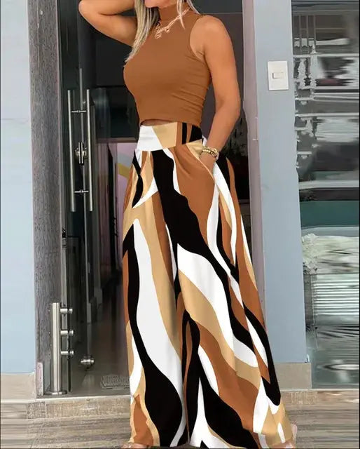 Summer Print Two Piece Set Women Sleeveless Tank Top Wide Leg Pants