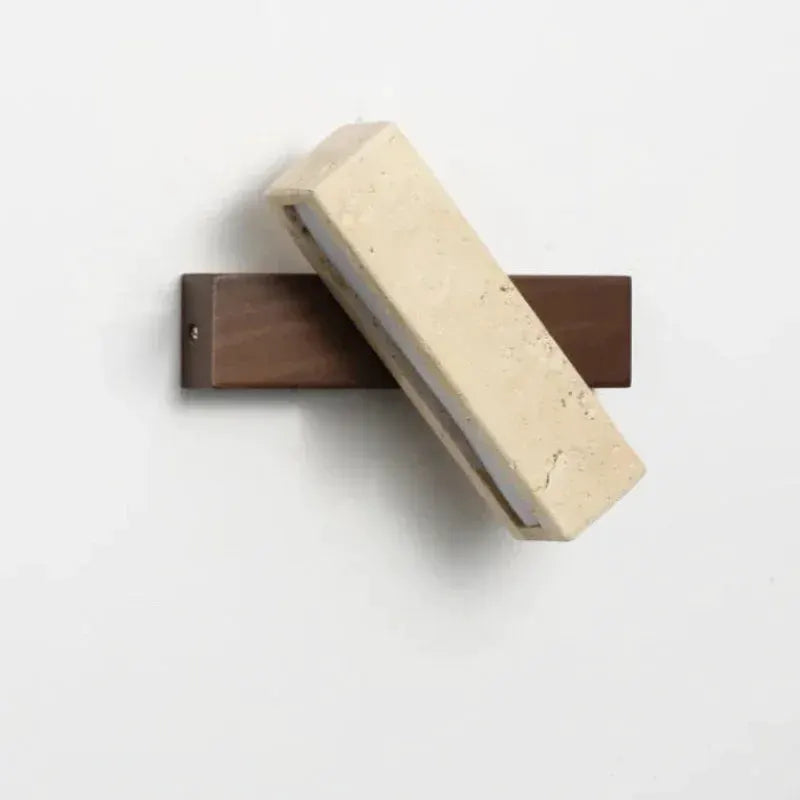 Natural stone wall lamp sconce, beige stone block mounted on brown bar by Simples Market