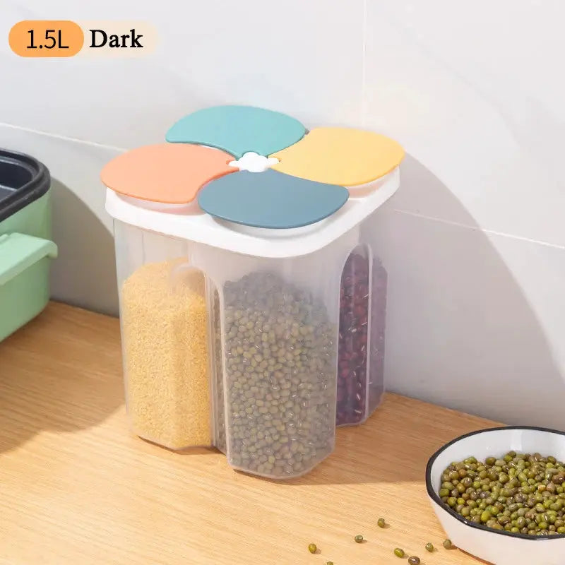 KitchenKeeper Four Grid Cereals Storage Box Moisture Proof Sealed Food Container Keeps Fresh