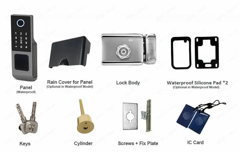 Tuya WiFi fingerprint door lock kit IP66 by Simples Market; 8-piece set including panel, lock body, rain cover, cylinder