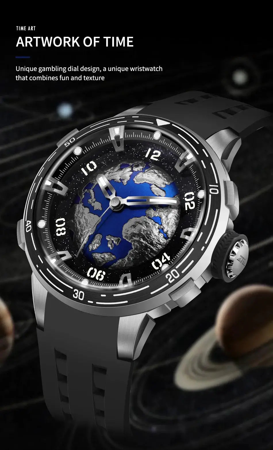 PINDU Planet Series wristwatch with globe dial, luminous hands, silicone strap