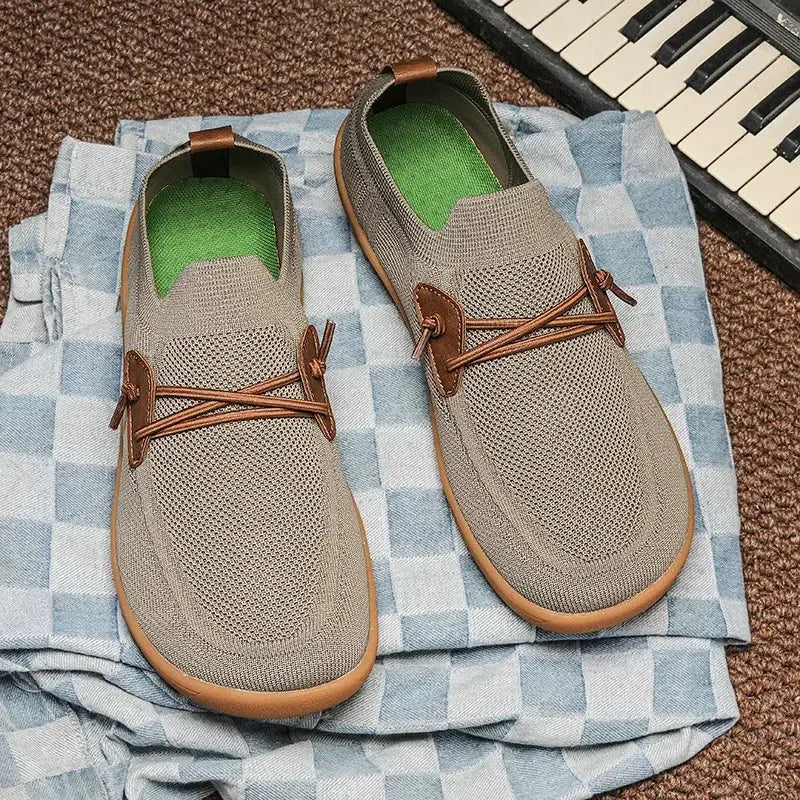 Barefoot shoes gray knit minimalist sneakers with brown laces, wide version, breathable mesh and green insoles