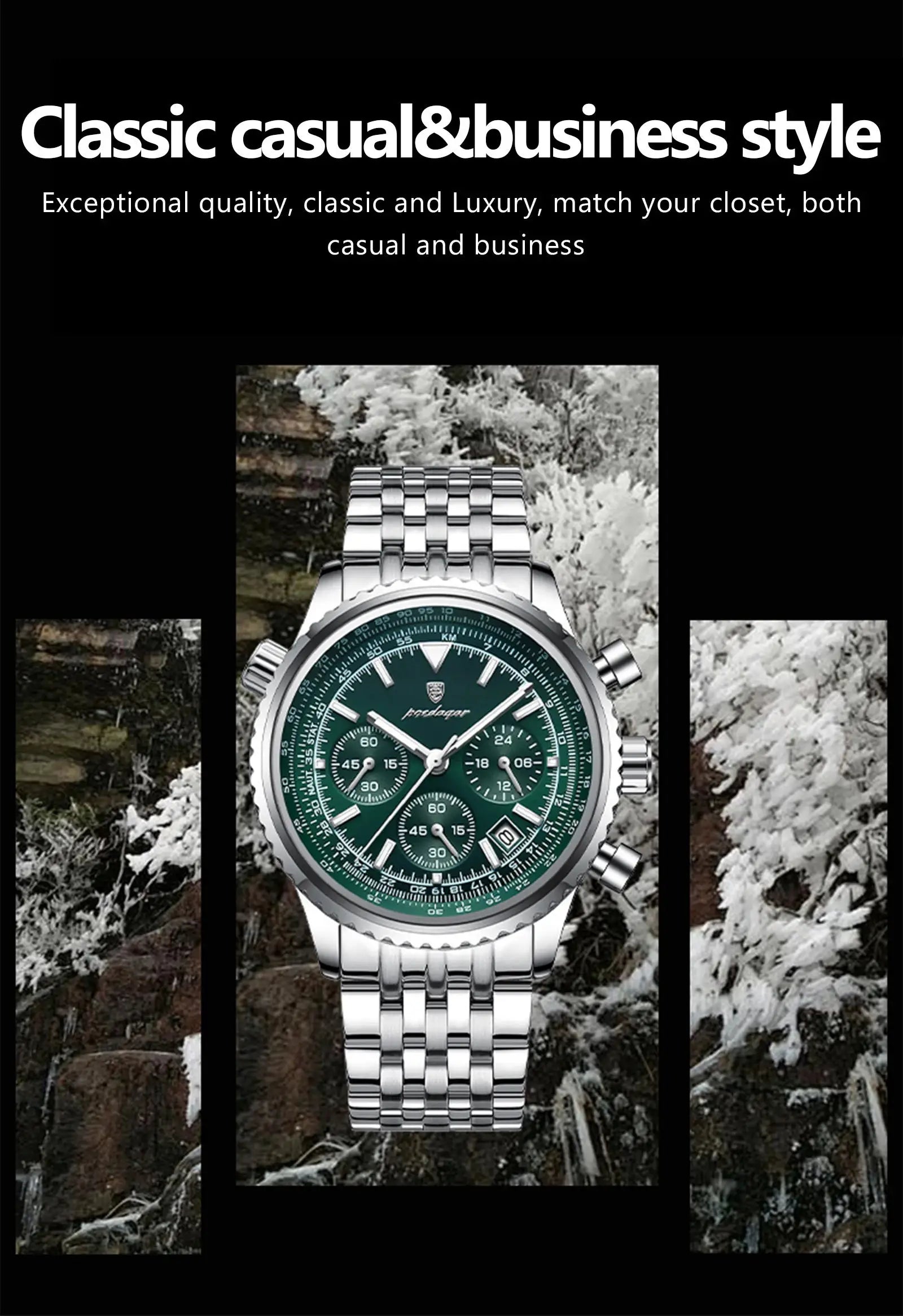 POEDAGAR luxury men's stainless steel chronograph watch with green dial Simples Market