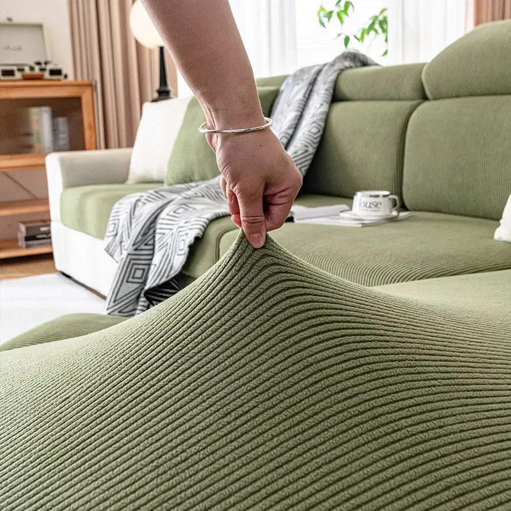 Sofa seat cushion cover in olive green thick ribbed jacquard fabric, removable, Simples Market.