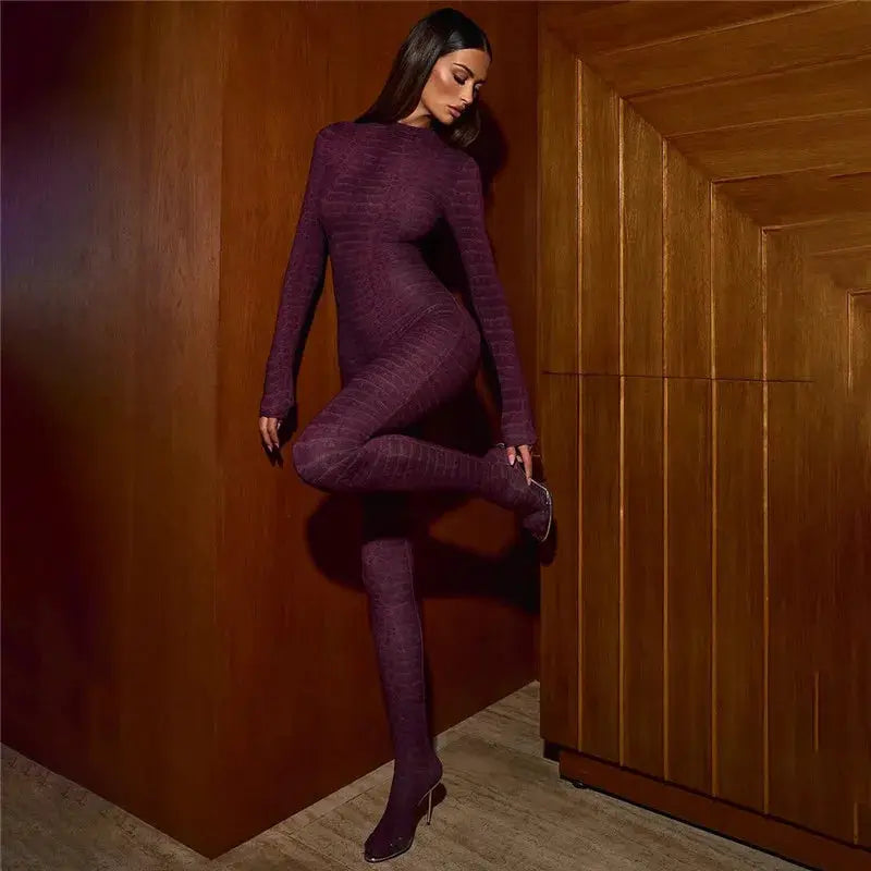 Shestyle plaid bodycon jumpsuit for women in plum with turtleneck and stockings