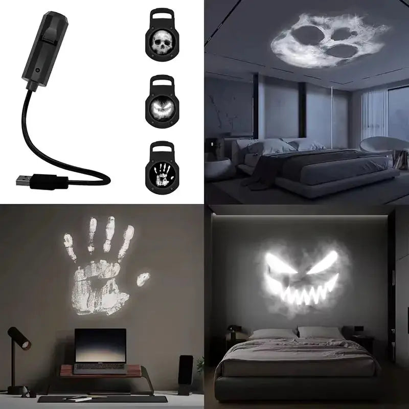Simples Market Halloween USB projector light black nightlight with 360° rotating skull, hand, and face pattern discs.