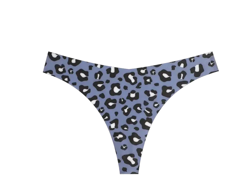 Thong for women with blue leopard print, seamless ultra-thin fabric