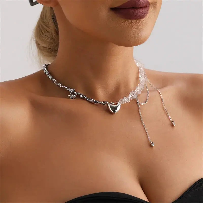 Y2K heart beaded necklace for women, Simples Market two-tone crystal and dark bead choker with silver heart pendant