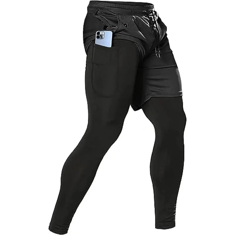 Men's 2-in-1 sport pants, black athletic joggers with phone pocket by Simples Market