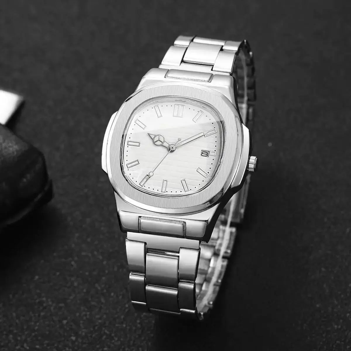 AuroraTime Luxury Square Dial Mens Business Watch Stainless Steel Strap Quartz Movement Calendar