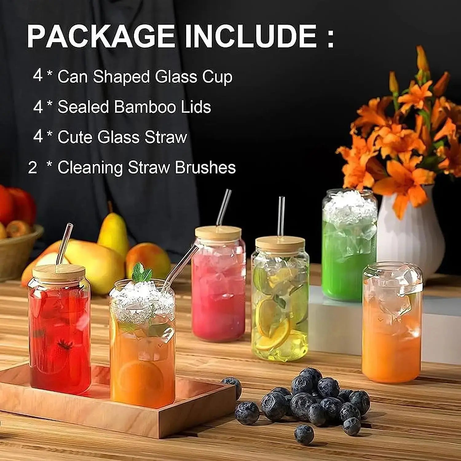 18.6oz 540ML Can Shaped Glass Cups With Bamboo Lids And Glass Straws For Beer Iced Coffee Wine Cocktail