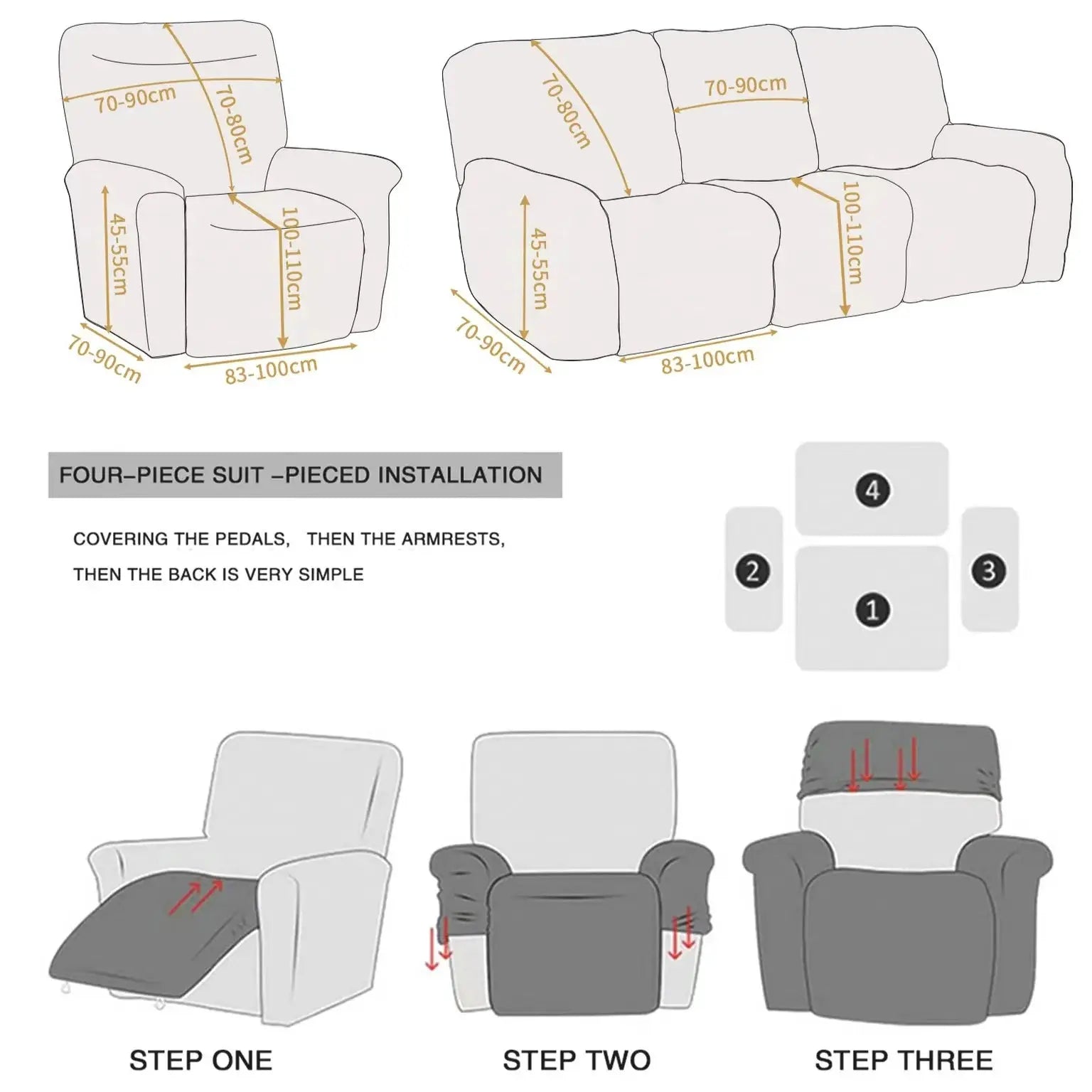 Elastic recliner sofa cover by Simples Market; light gray printed slipcover with four-piece fit and installation steps.