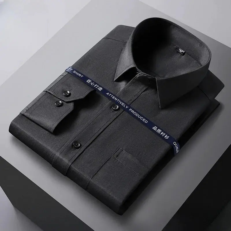Simples Market men's formal long-sleeve shirt, charcoal gray, solid color with chest pocket.