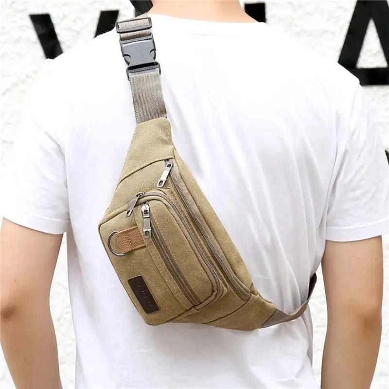Canvas chest bag beige with multiple zip pockets and an adjustable strap