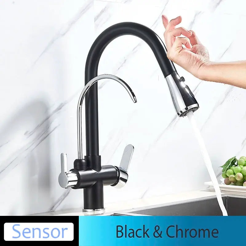 Onyzpily black pull-out kitchen faucet with dual handles and chrome spray head, deck-mounted