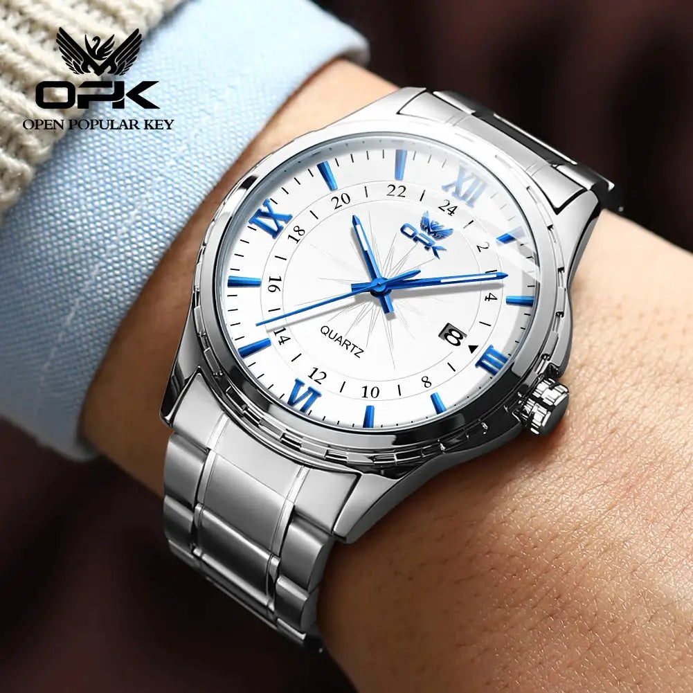 OPK Brand Steel Belt Dual Calendar Mens Quartz Watch 6003 Dual Calendar Display Stainless Steel Case