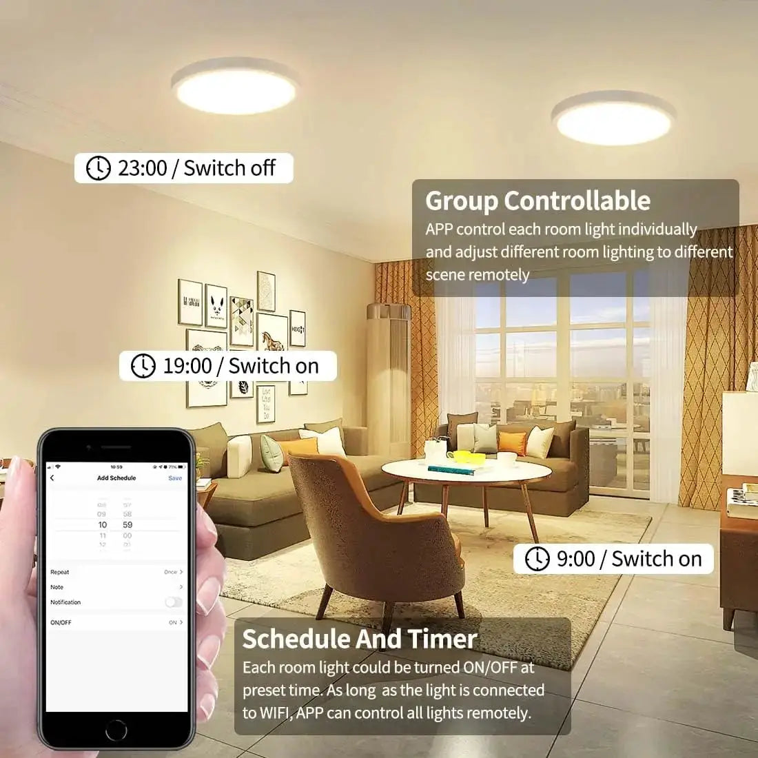 Simples Market Tuya Zigbee RGB+CW round smart ceiling lamps; WiFi app and voice control (Alexa/Google), scheduling