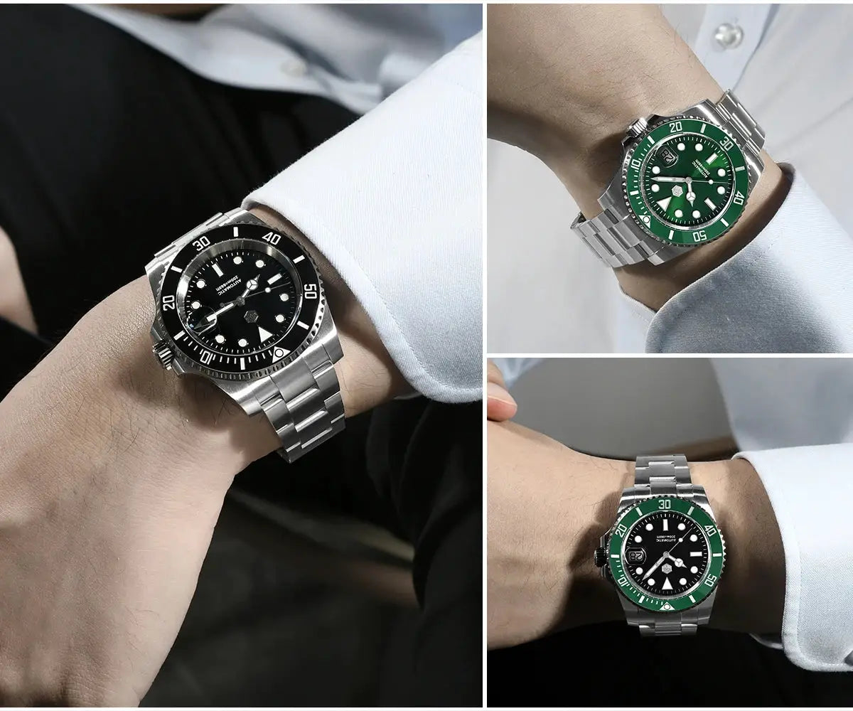 Three San Martin 40mm Water Ghost diver watches on stainless steel bracelets with black and green bezels.