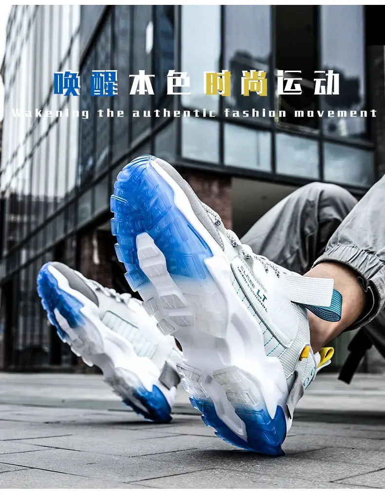 1 pair of men's white sneakers with blue outsole, breathable casual running shoes