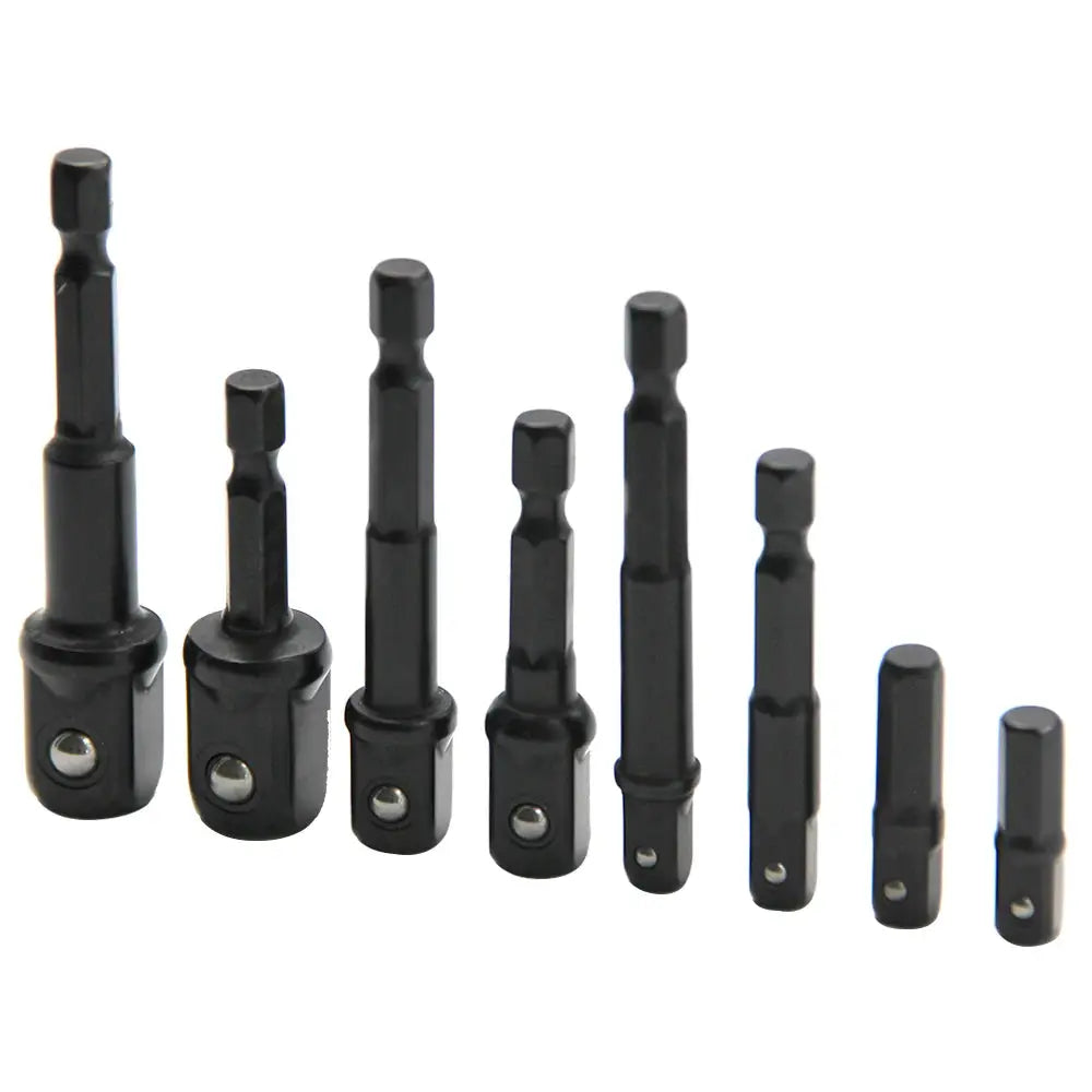 8 Piece Black Electric Screwdriver Set With Hex Handle Adapters And 3 Eighths Square Head And 1 Quarter Extension Rod