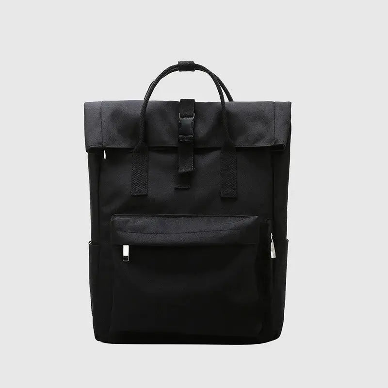 Black large-capacity schoolbag backpack with top flap closure and front zip pocket
