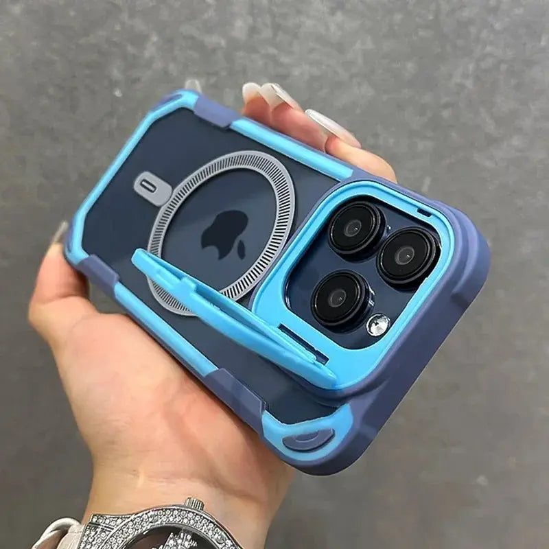 Armor Fold Lens Stand MagSafe phone case in blue and navy with rugged frame and built-in lens stand