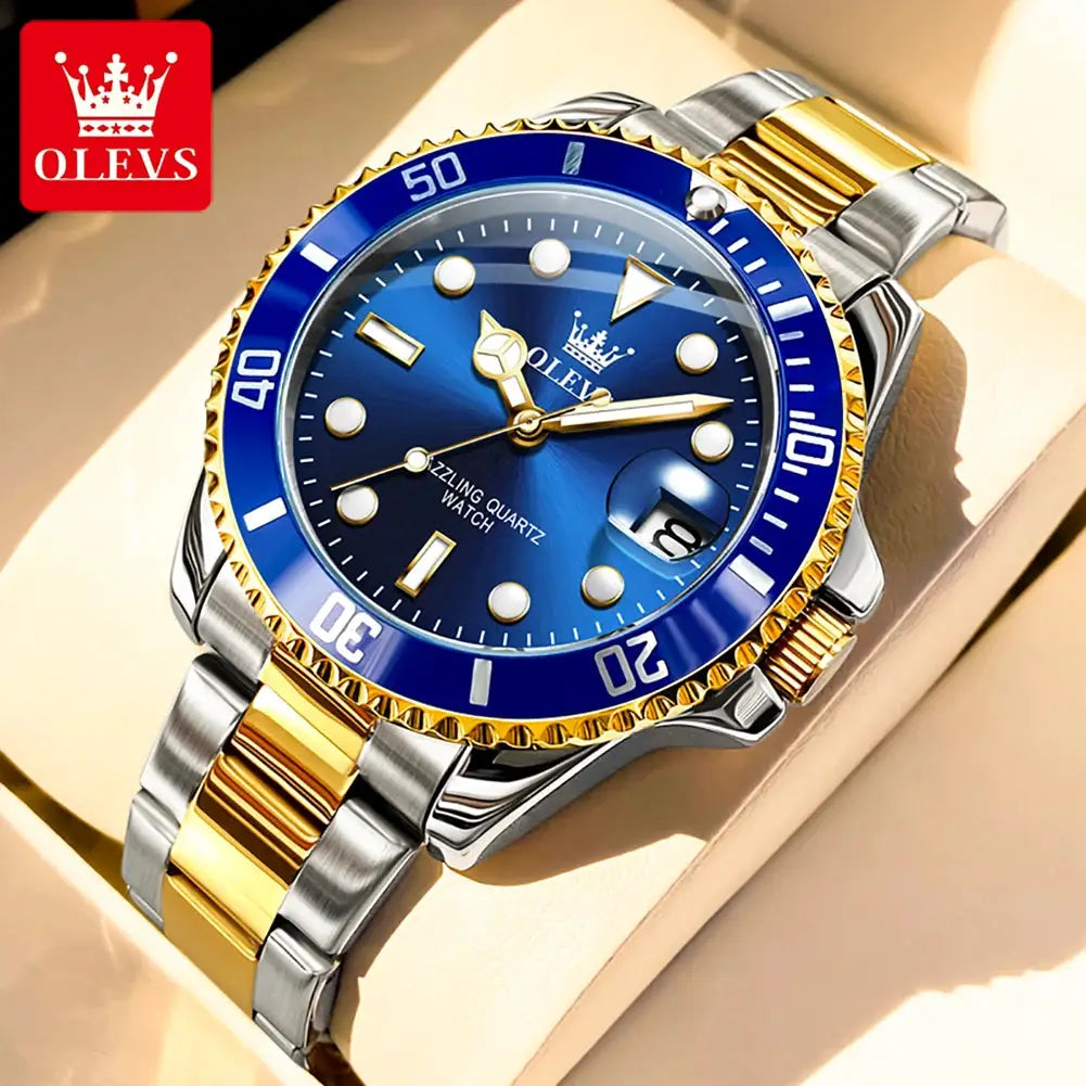 OLEVS 5885 men's quartz wristwatch with blue dial, gold-silver stainless steel bracelet, blue bezel and date window