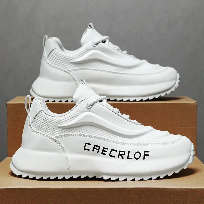 Running shoes, two white CAECROF sneakers with breathable mesh uppers
