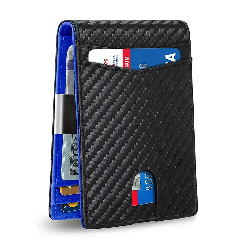 RFID carbon fiber slim cardholder wallet for men with blue interior