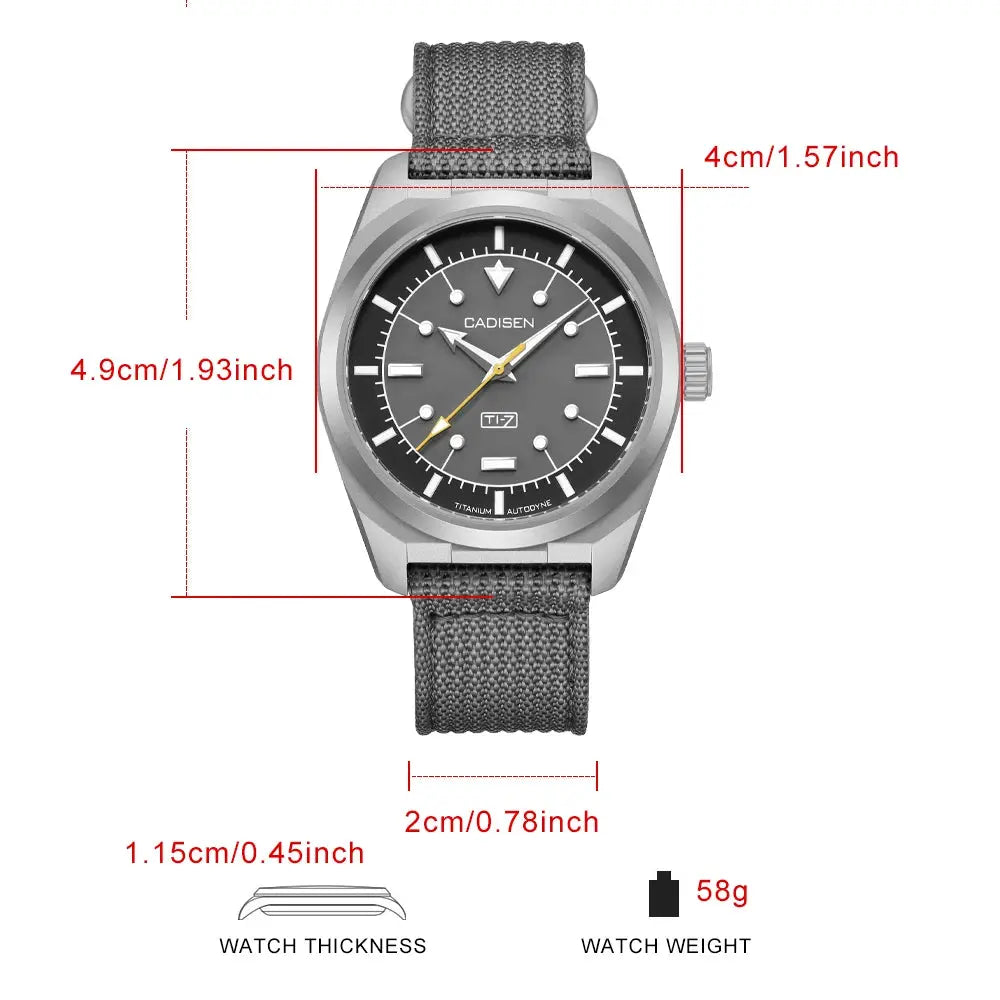CADISEN TI-7 canvas wristwatch with titanium-steel case, grey dial, luminous markers, and Miyota 8215 automatic movement