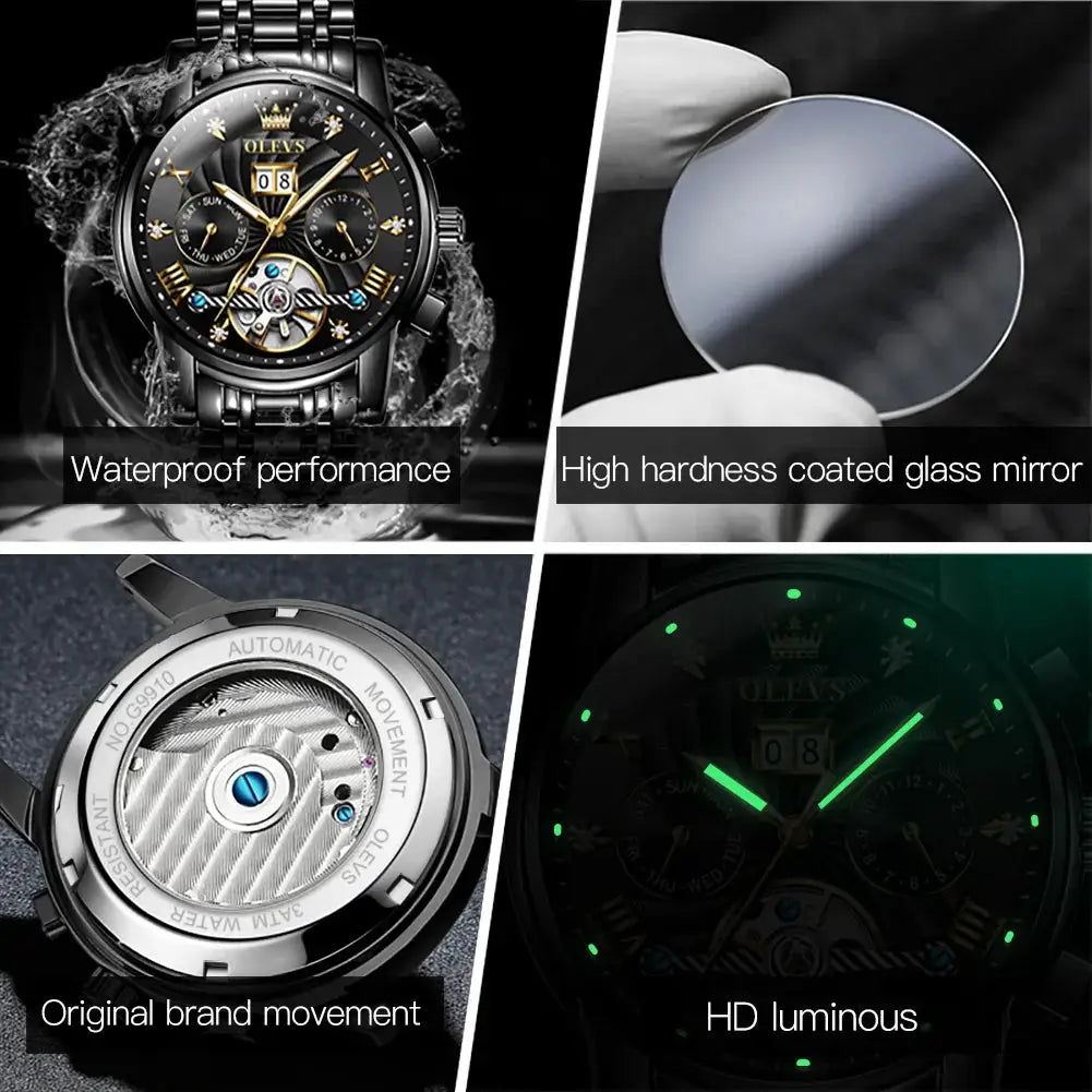 OLEVS men's automatic wristwatch with black dial, stainless steel case and bracelet, luminous hands