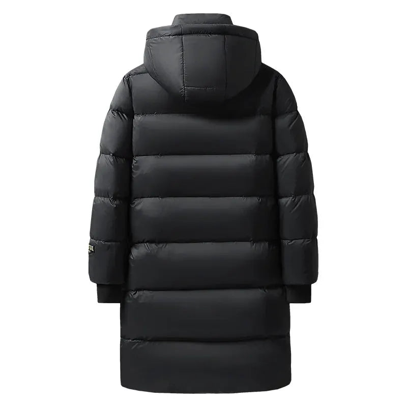 Winter men's long black hooded puffer down jacket by Simples Market, waterproof coat