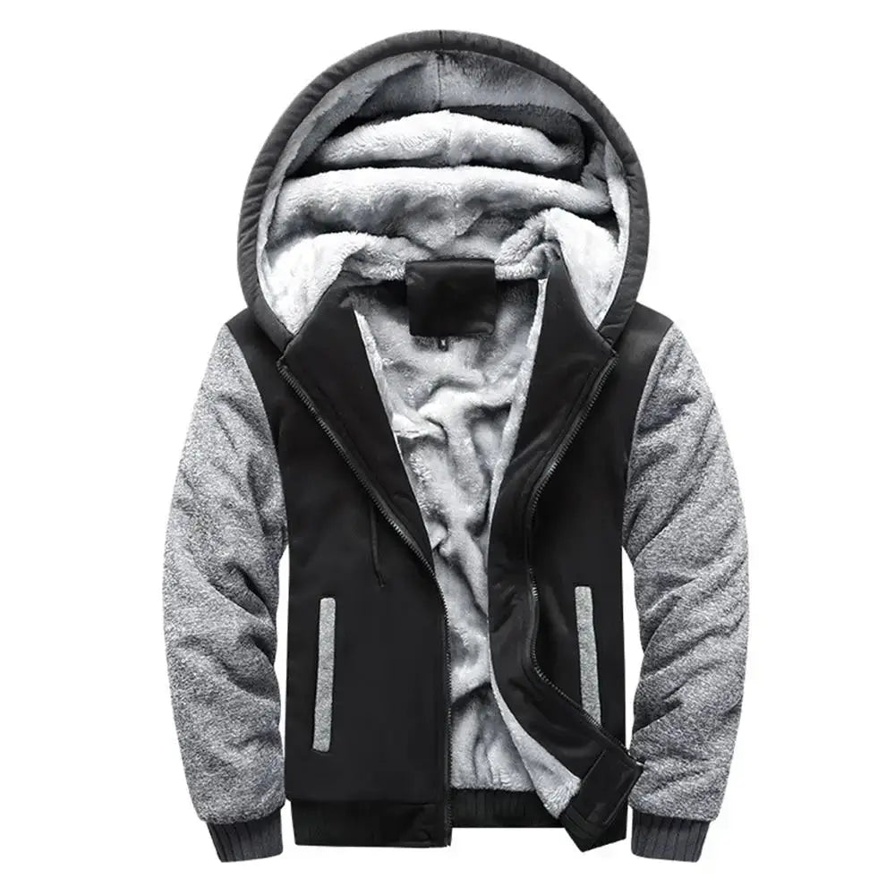 Men's jacket Simples Market; black body with gray fleece sleeves, zip-front, thick fur-lined hooded winter coat