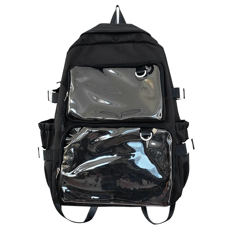 Black Japanese-style transparent ita bag backpack with two clear front pockets and side pockets