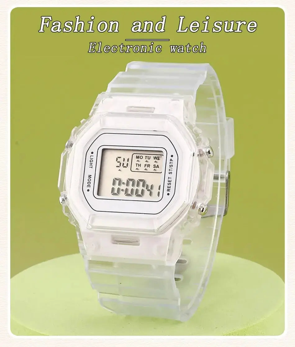 LED digital watch with transparent silicone strap and white case