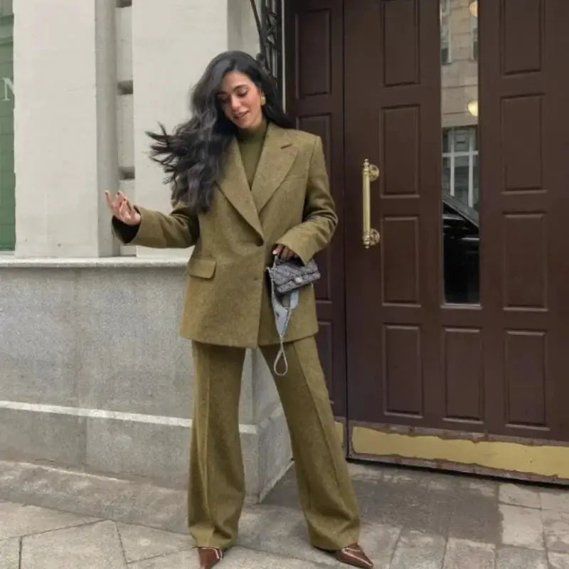 Women's camel blazer with matching wide-leg pants, oversized fit