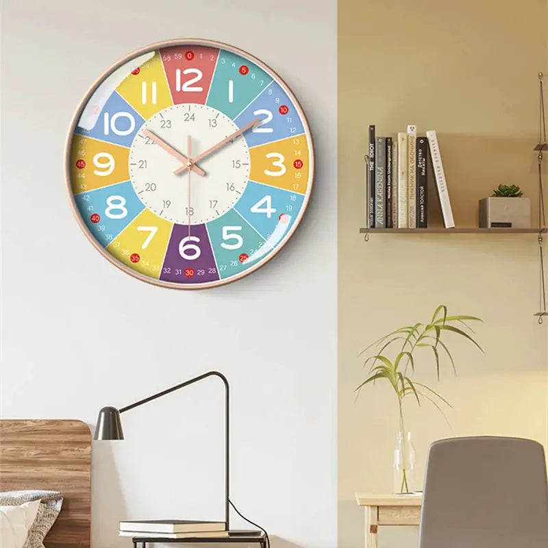 Silent teaching time clock for kids, 8-inch colorful wall clock with non-ticking hands