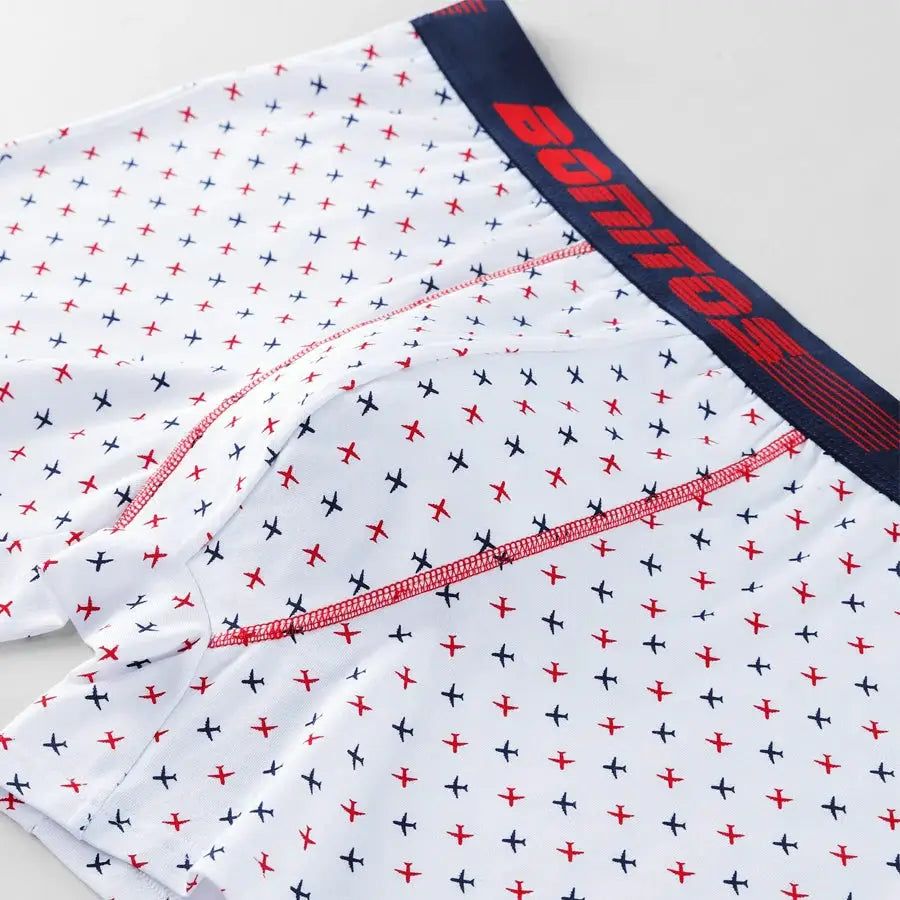 Simples Market men's cotton print boxers with white fabric and red/blue X pattern, navy waistband