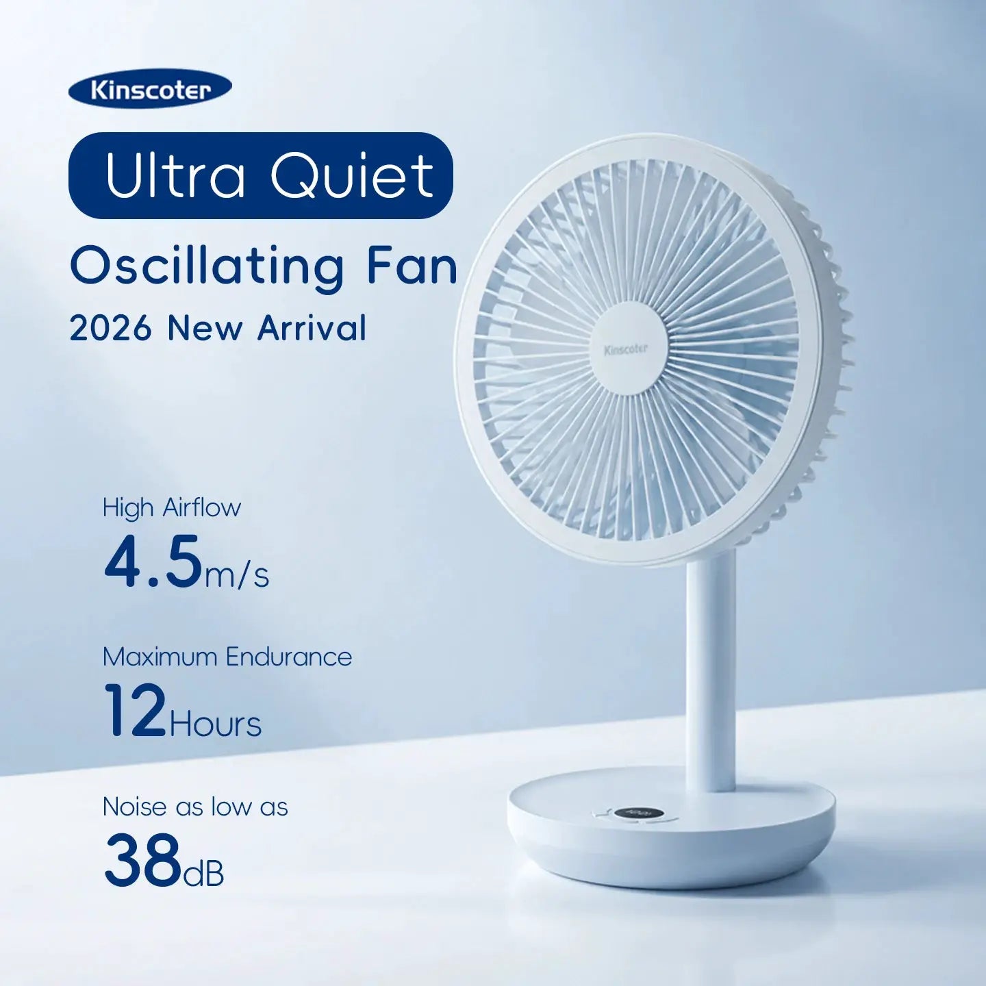 Kinscoter Ultra Quiet Oscillating Desk Fan, white plastic with stand