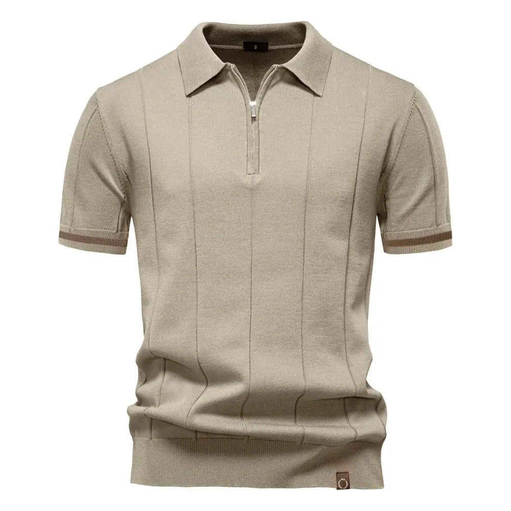 AIOPESON men's zip polo shirt, solid beige knit with short sleeves, slim fit by Simples Market