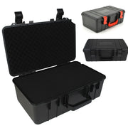 Waterproof hard tool box with foam interior; black plastic case with red latches.