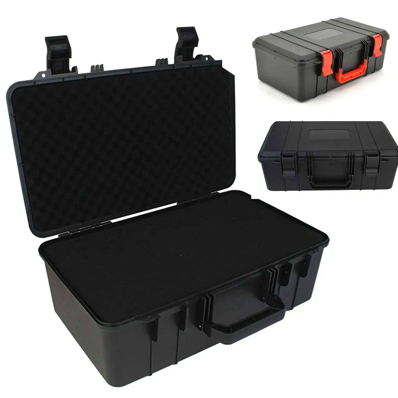 Waterproof hard tool box with foam interior; black plastic case with red latches.