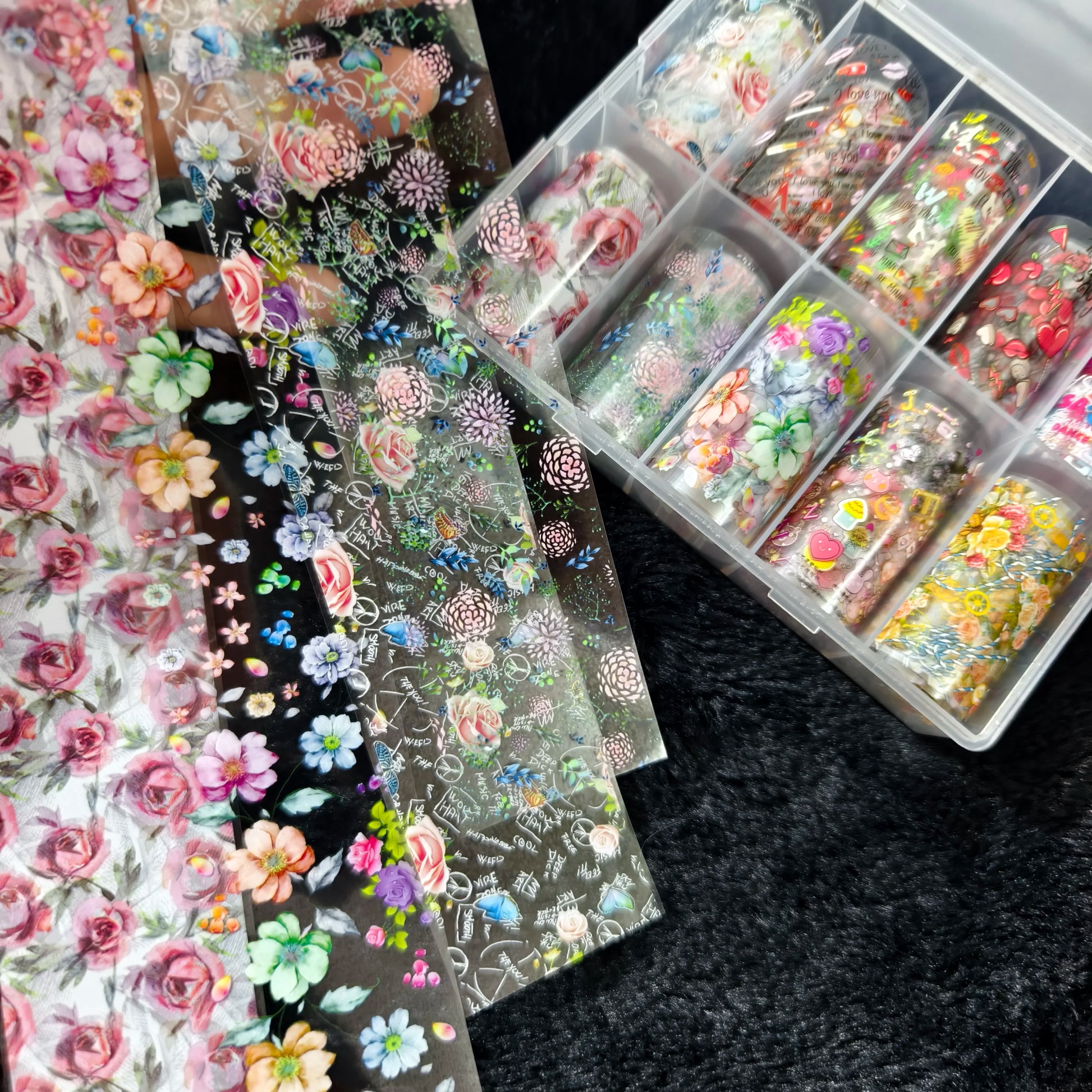 Nail foil set, 10 rolls with colorful floral, plaid and marble bow designs by Simples Market