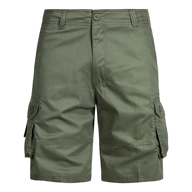Simples Market men's olive green cargo shorts, loose fit cotton with multiple pockets for outdoor and beach use.