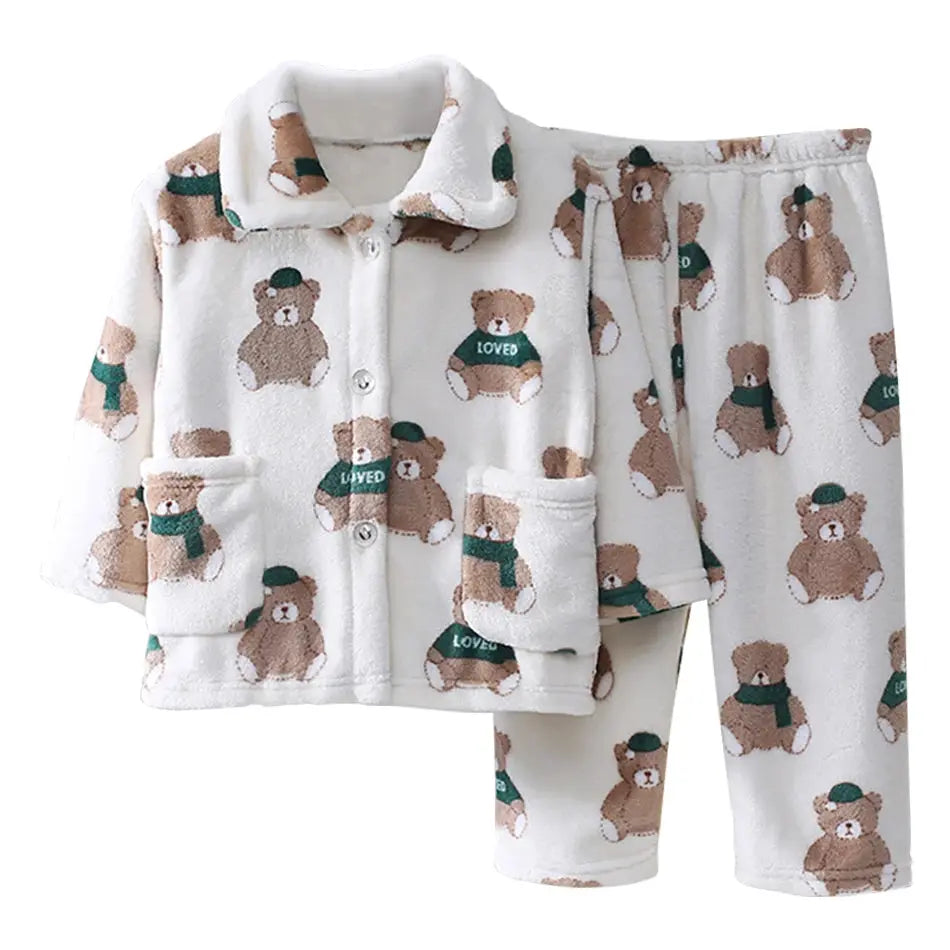 Cute Cartoon Pattern Coral Fleece Flannel Pajama Sets For Boys And Girls Long Sleeve Warm Comfortable Winter Sleepwear