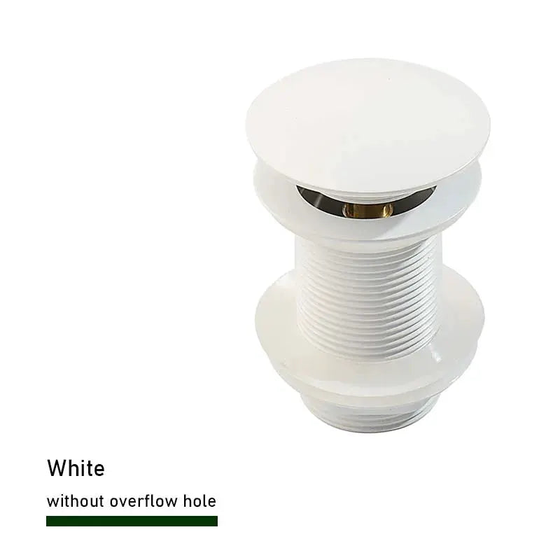 White bathroom sink push-down pop-up drain stopper with threaded body and chrome ring