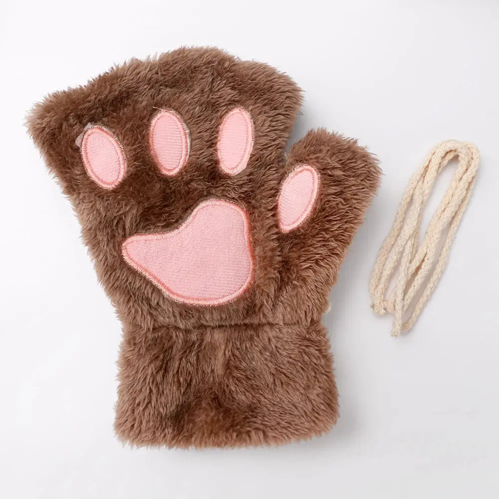 Cartoon Cute Cat Claw Paw Gloves Women Plush Mittens Warm Soft Short Fingerless Fluffy Bear Cat Gloves Costume