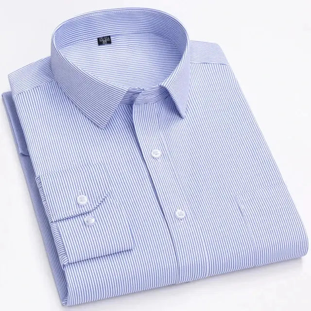 Men's long sleeve shirt by Simples Market, blue pinstripe with single chest pocket, folded
