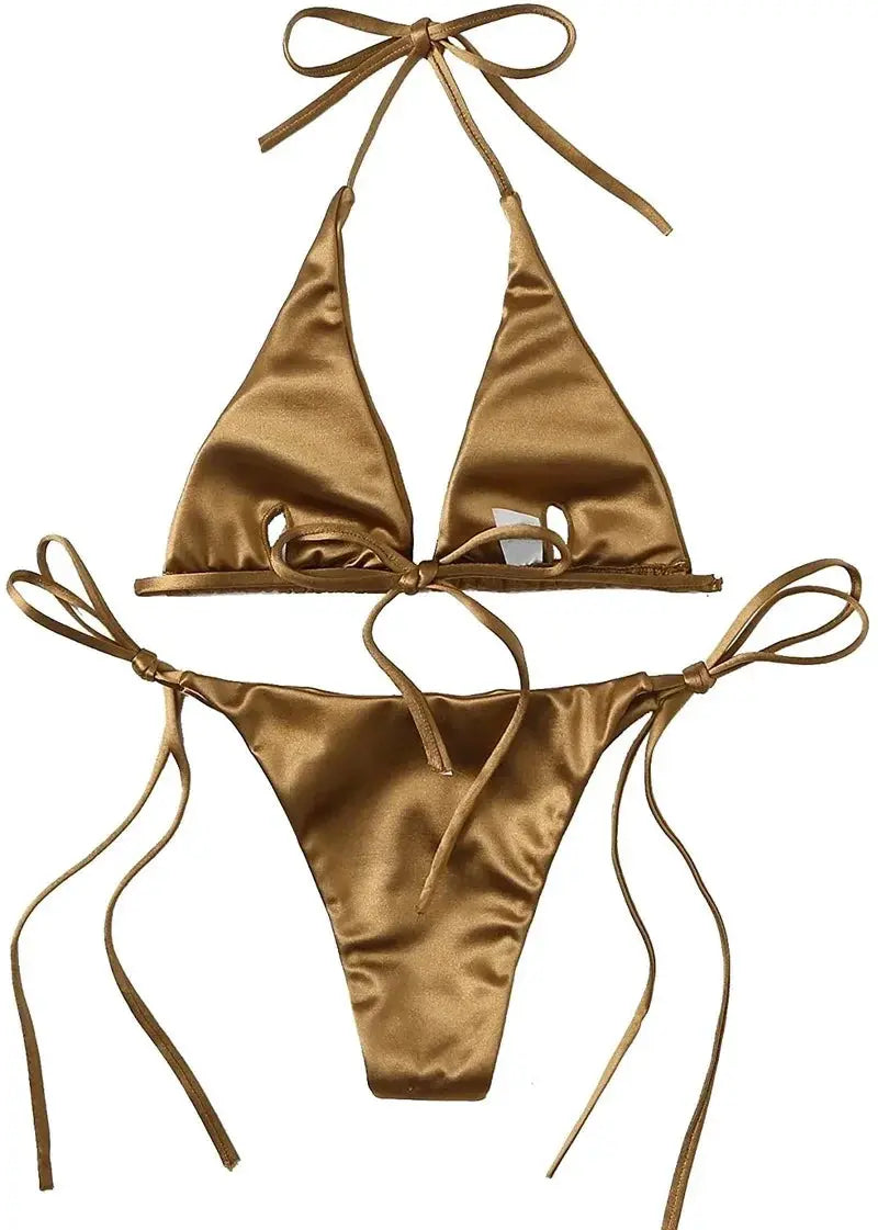 Two-piece bronze metallic satin halter bikini set with Brazilian-style high-cut bottoms